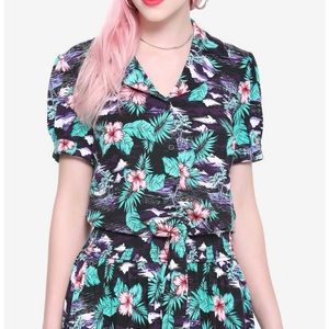 Tropical Print Tie Waist Girls Crop Woven Button-Up